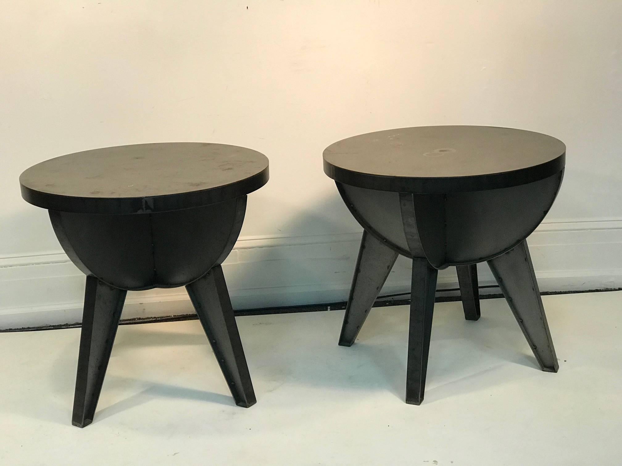 Late 20th Century Industrial Design Cast Iron and Steel End Tables For Sale