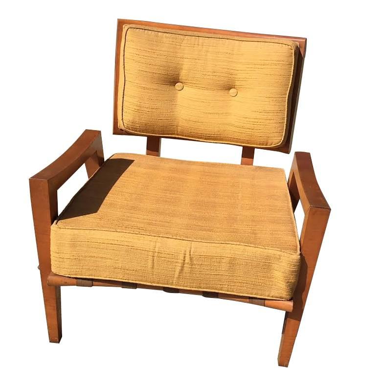 A single Gibbing's web strap seat open arm lounge chair for Widdicomb. Slip cushion base and fixed cushion top. Original fabric golden color, Maple wood frame, circa 1958.