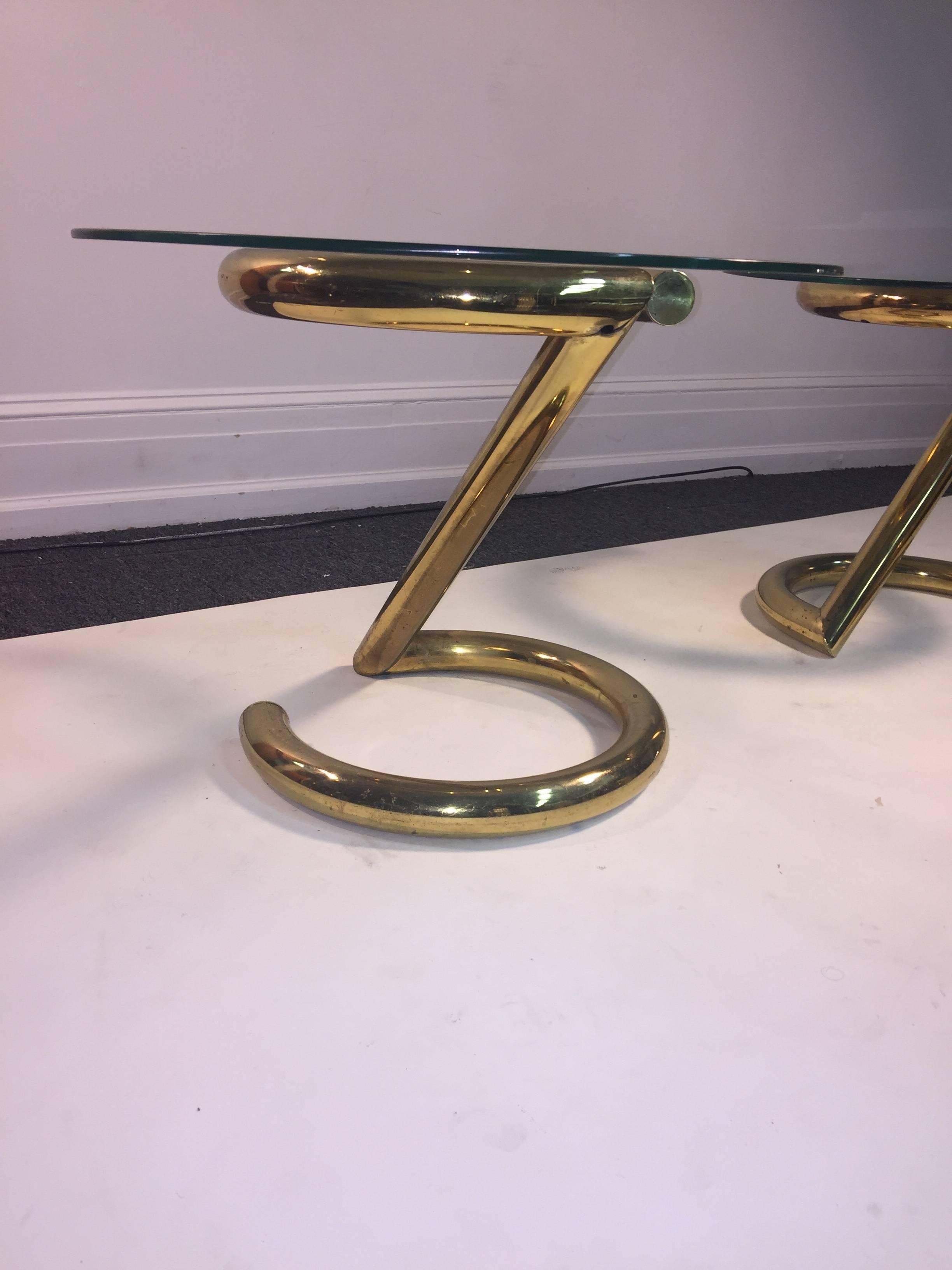 Plated Modernist Zig Zag Tables In Tubular Goldtone Metal For Sale