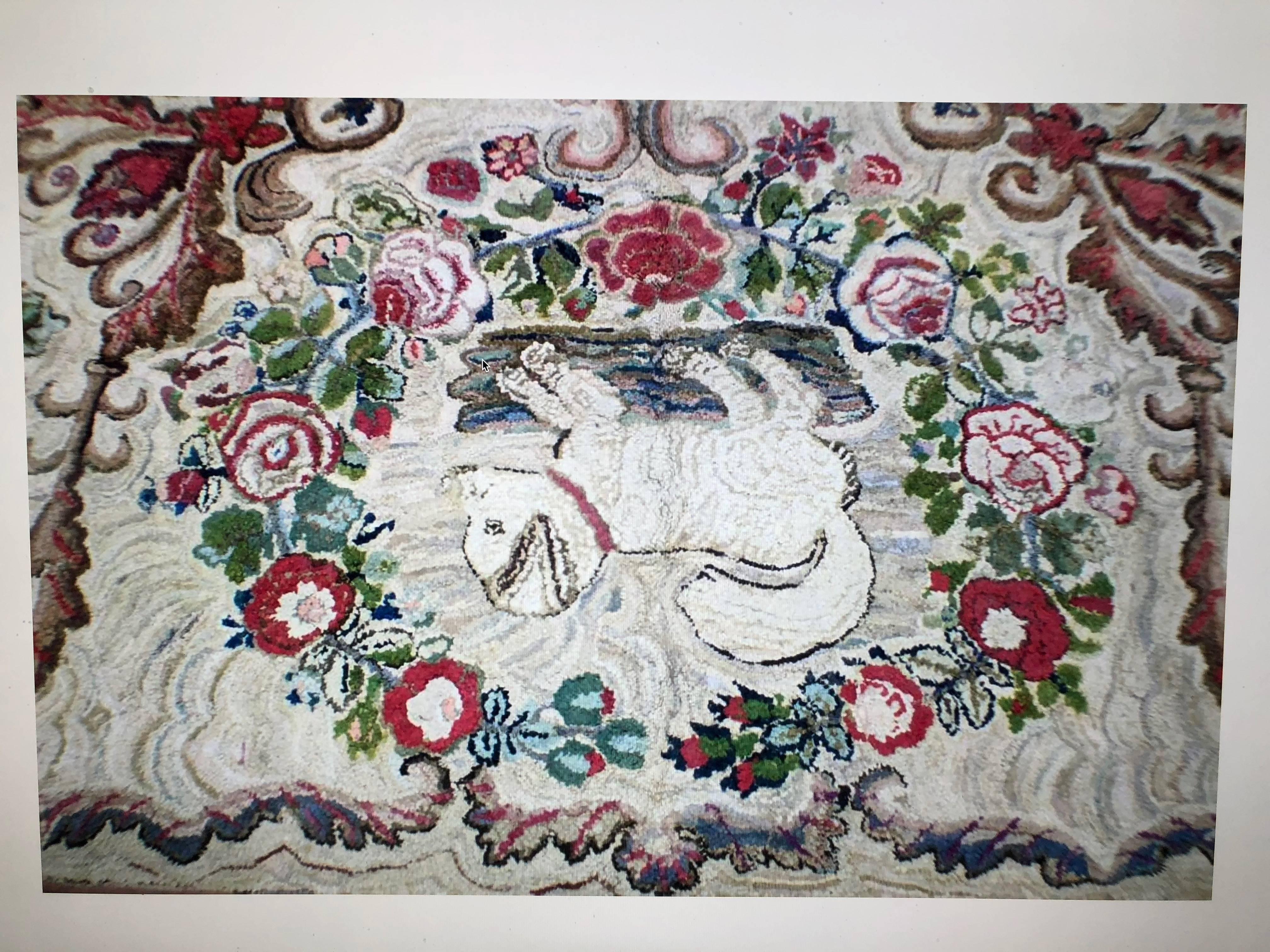 Folk Art  Hooked Rug Room Size with King Charles Spaniels Playing Circa 1860 For Sale