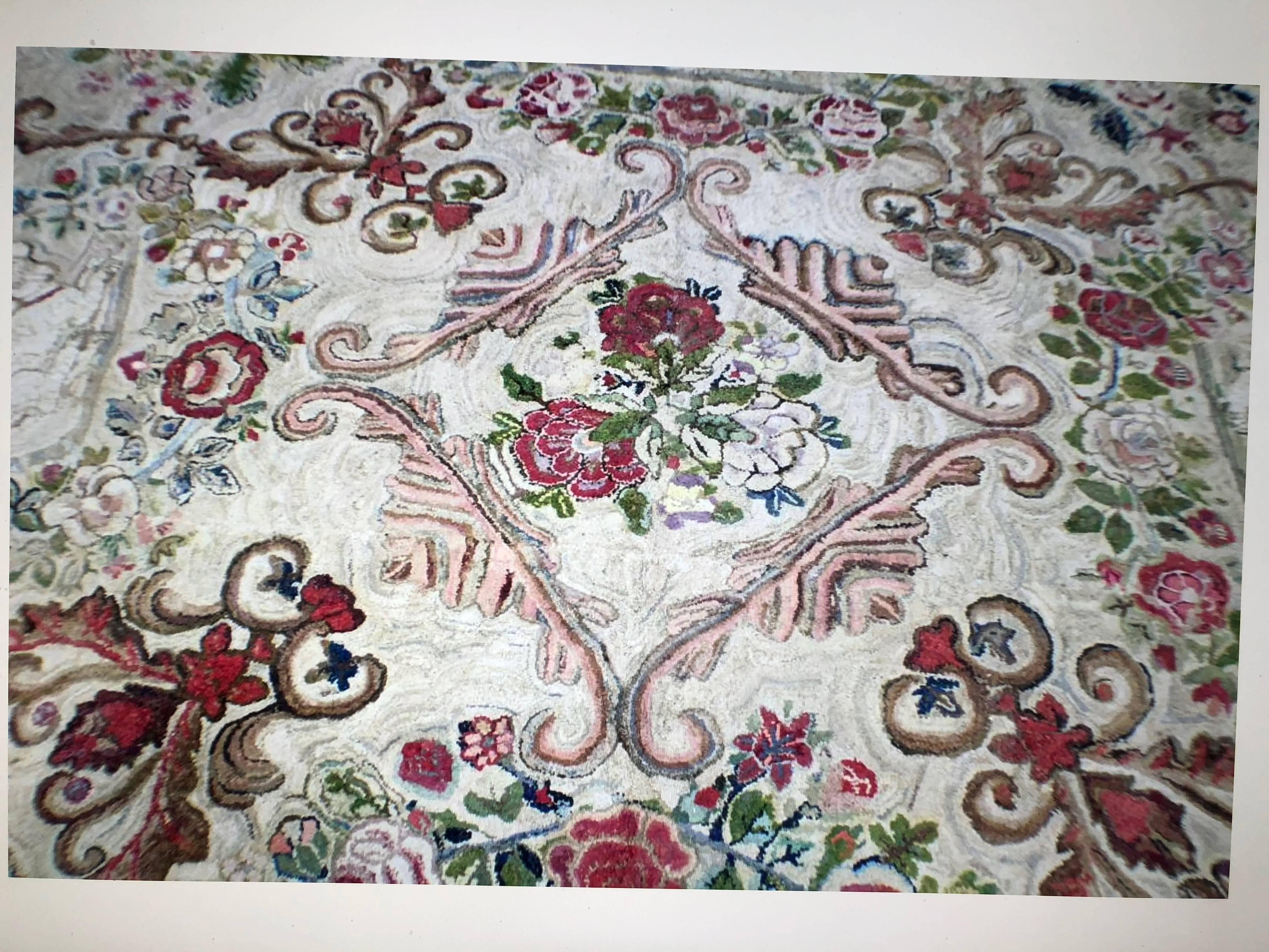 American  Hooked Rug Room Size with King Charles Spaniels Playing Circa 1860 For Sale