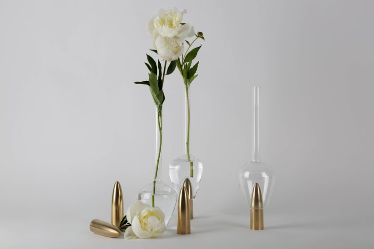 Vase

Blown borosilicate glass and polished brass
Measures: 32 x 10 x 2 cm
(Base dimensions: 12 x 3.5 cm)

