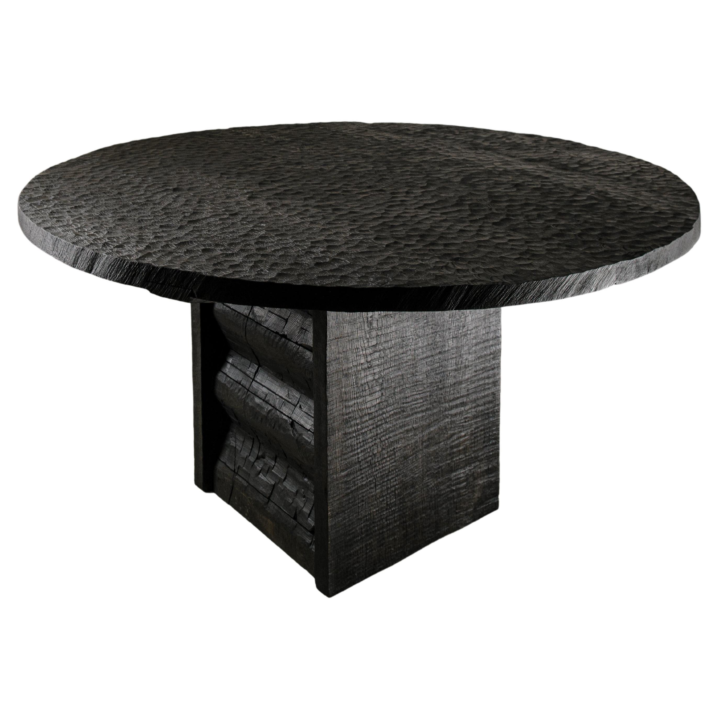 Contemporary Carved Round Table in Solid Oakwood, Black, 'Custom Size M' For Sale