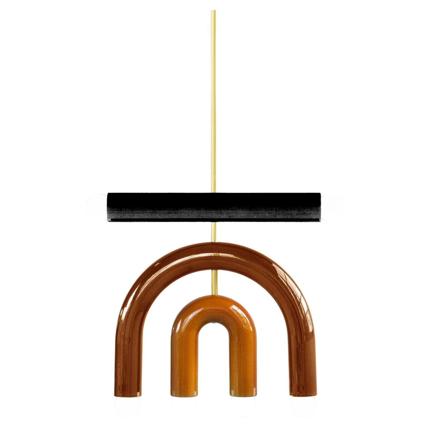 Ceramic Pendant Lamp 'TRN D1' by Pani Jurek, Brass Rod, Black, Brown & Ochre For Sale