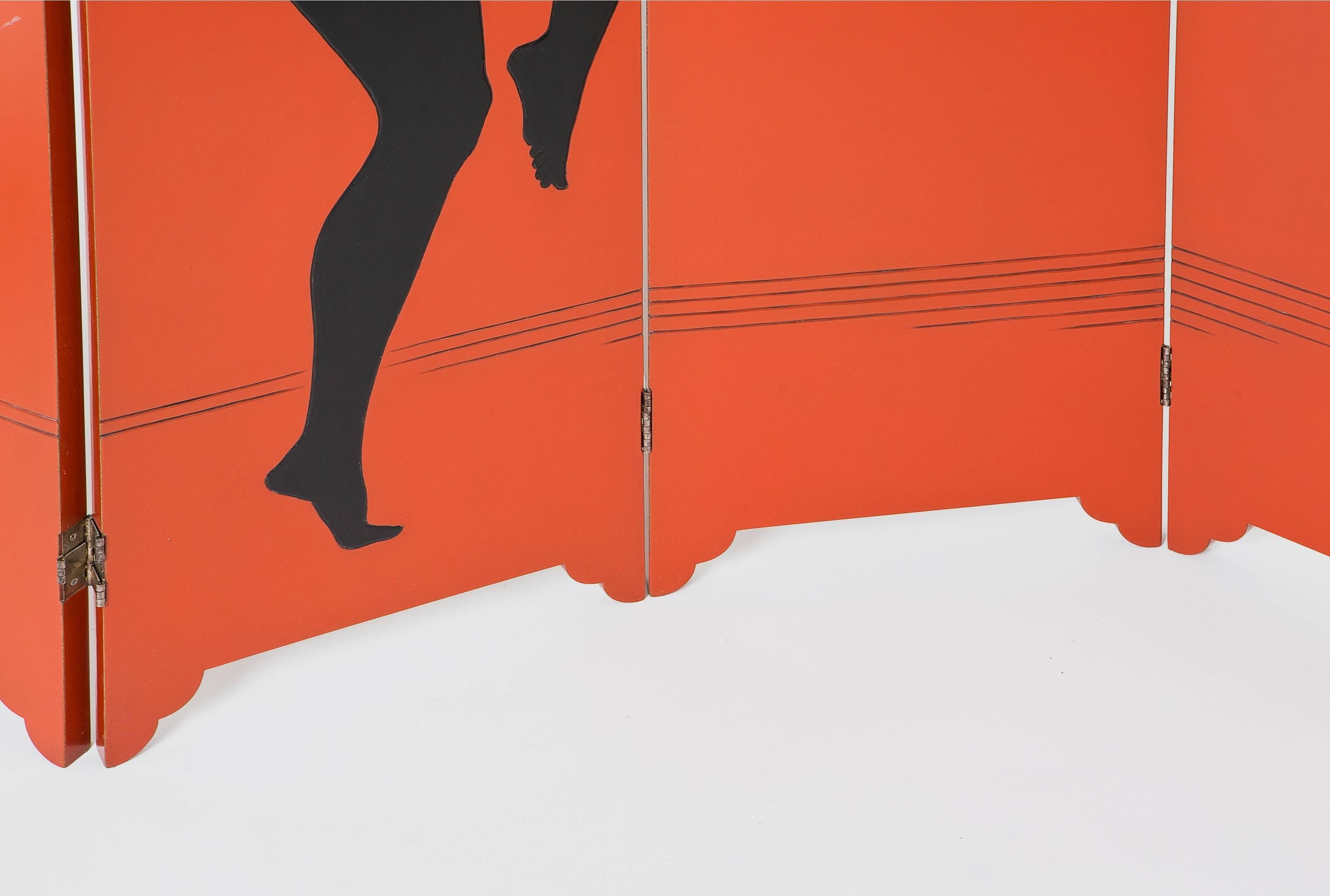 Lackierter Holzschirm – schwarz und orange – im Art-déco-Stil (verstellbar) (Art déco) im Angebot