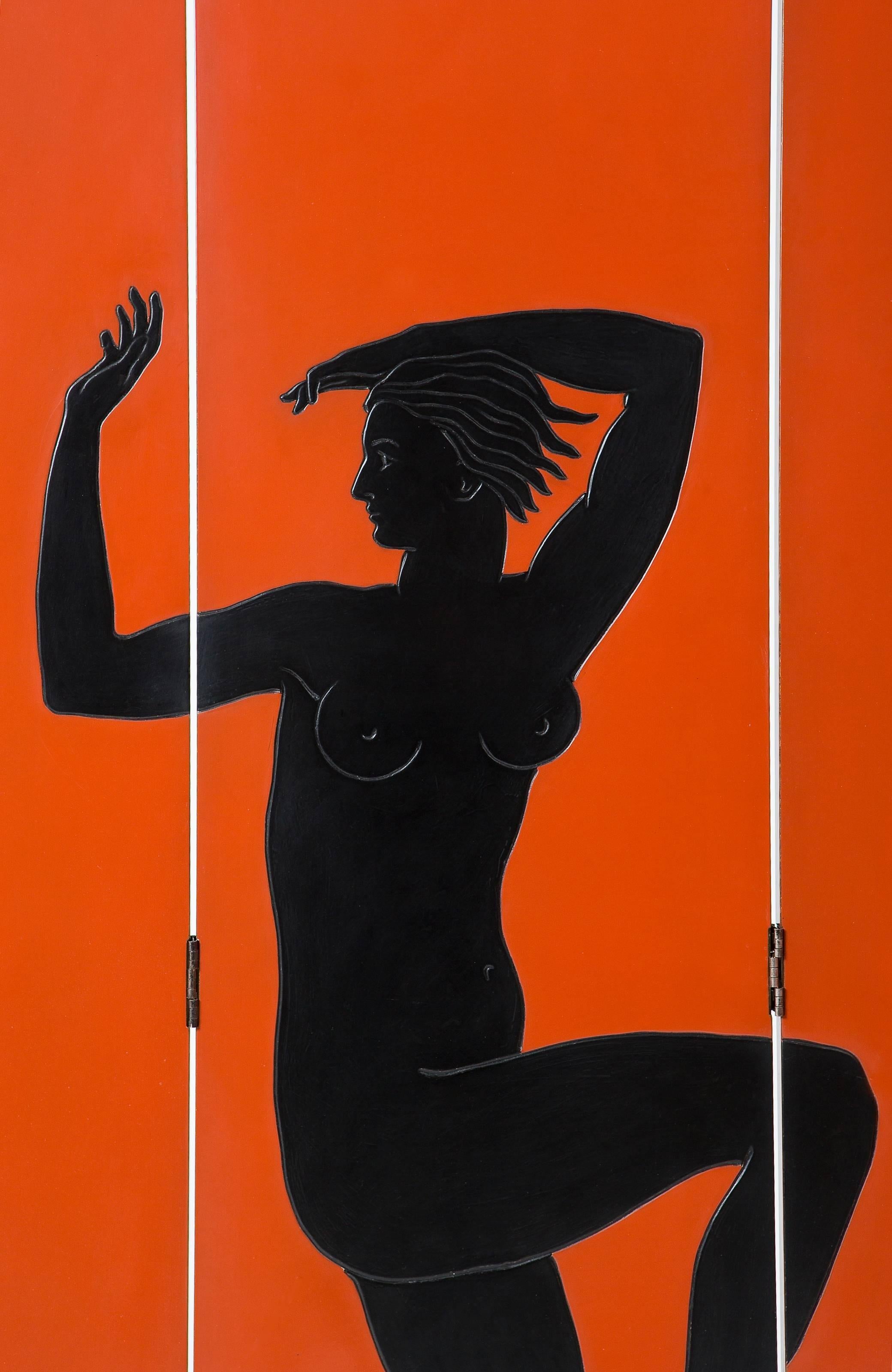 Lackierter Holzschirm – schwarz und orange – im Art-déco-Stil (verstellbar) im Zustand „Neu“ im Angebot in Paris, FR