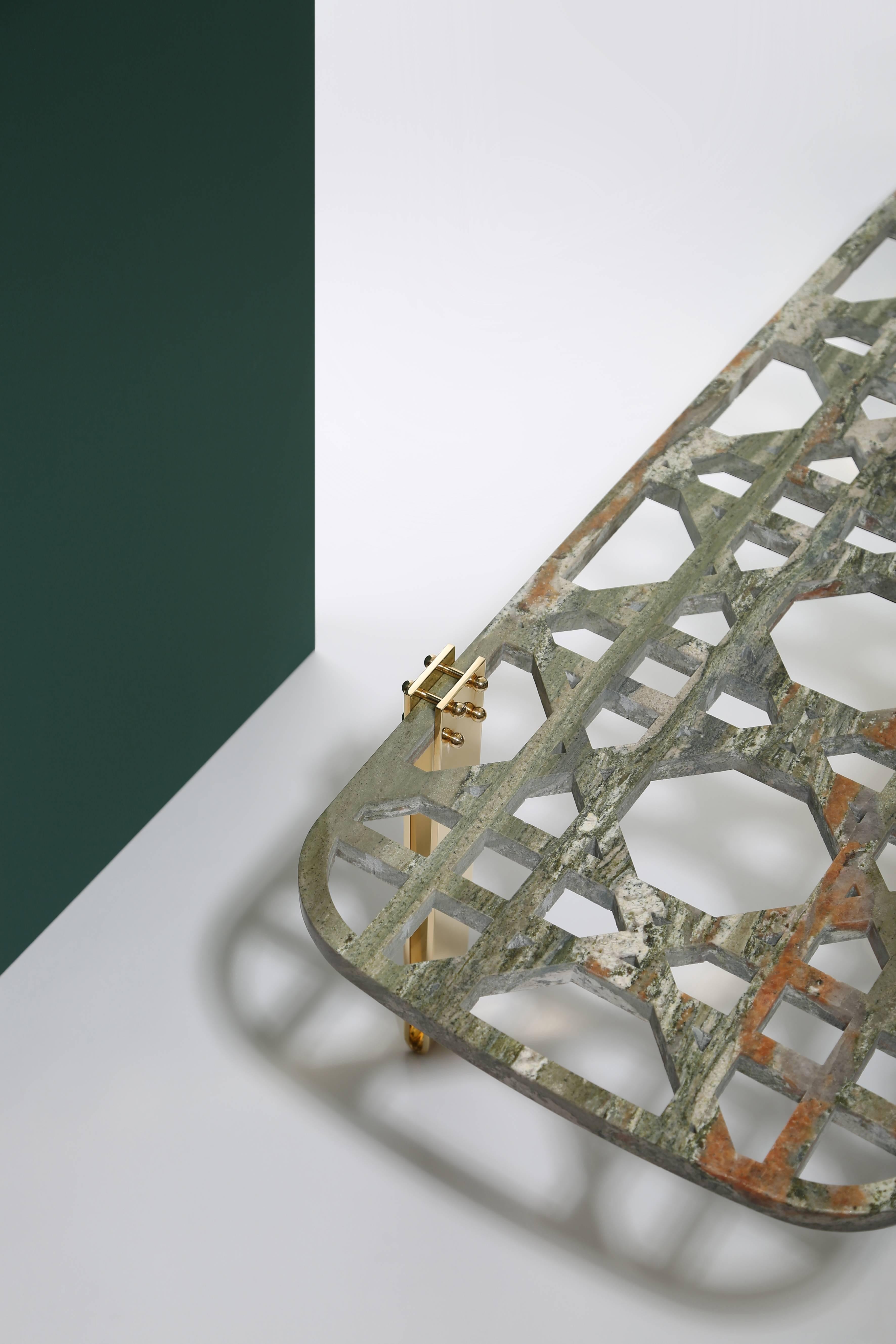 Perforated “green Gaugin” granite with solid brass legs shiny finishing
Measures: 42 x 136 x 48 cm.

This coffee table can be accompanied by a low table (16.5 x 44 x 44 cm)


Richard Yasmine designed 