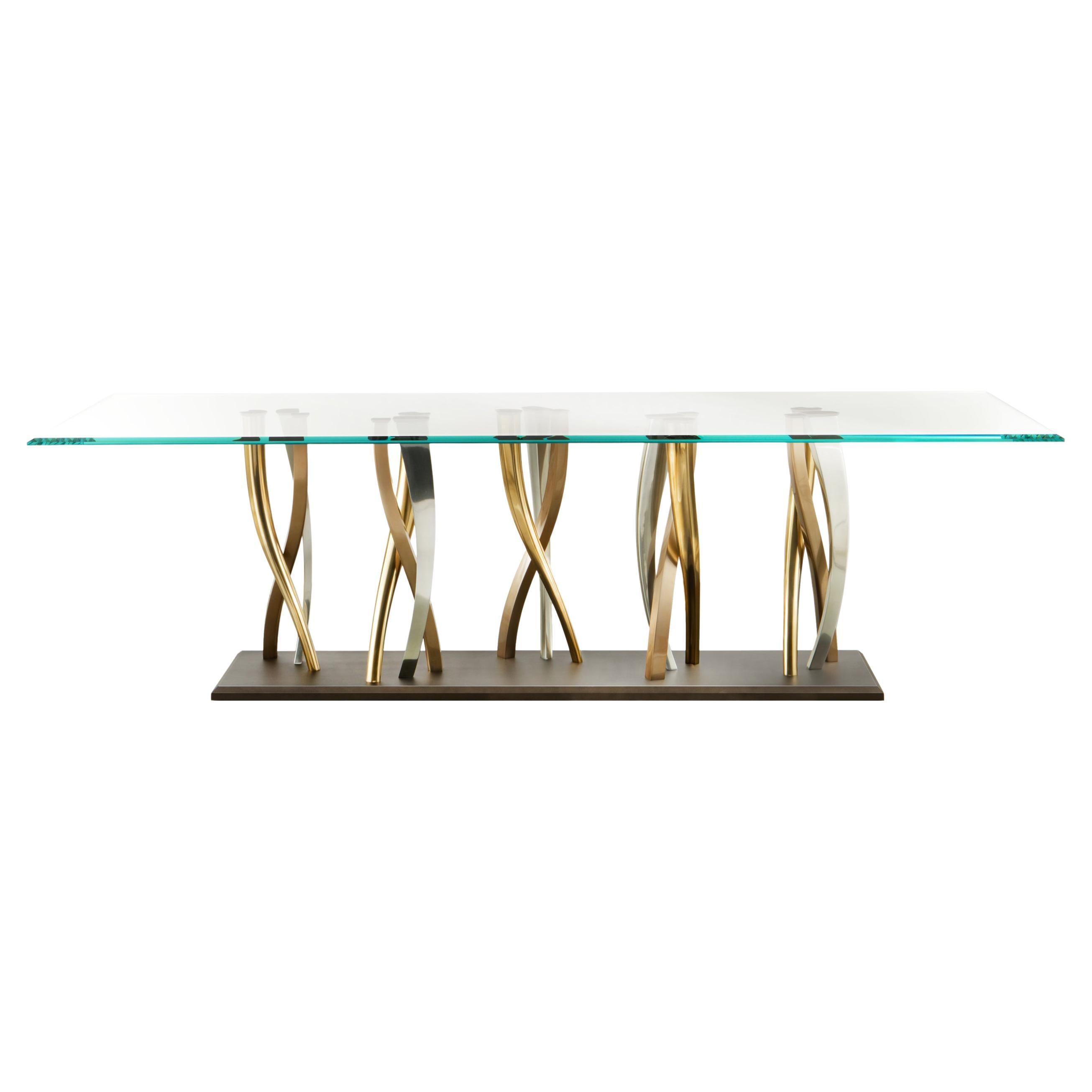 „Il Pezzo 8 Glastisch“ Glasplatte aus Glas – Bronze, satiniertes Messing, Nickel, Gusseisensockel