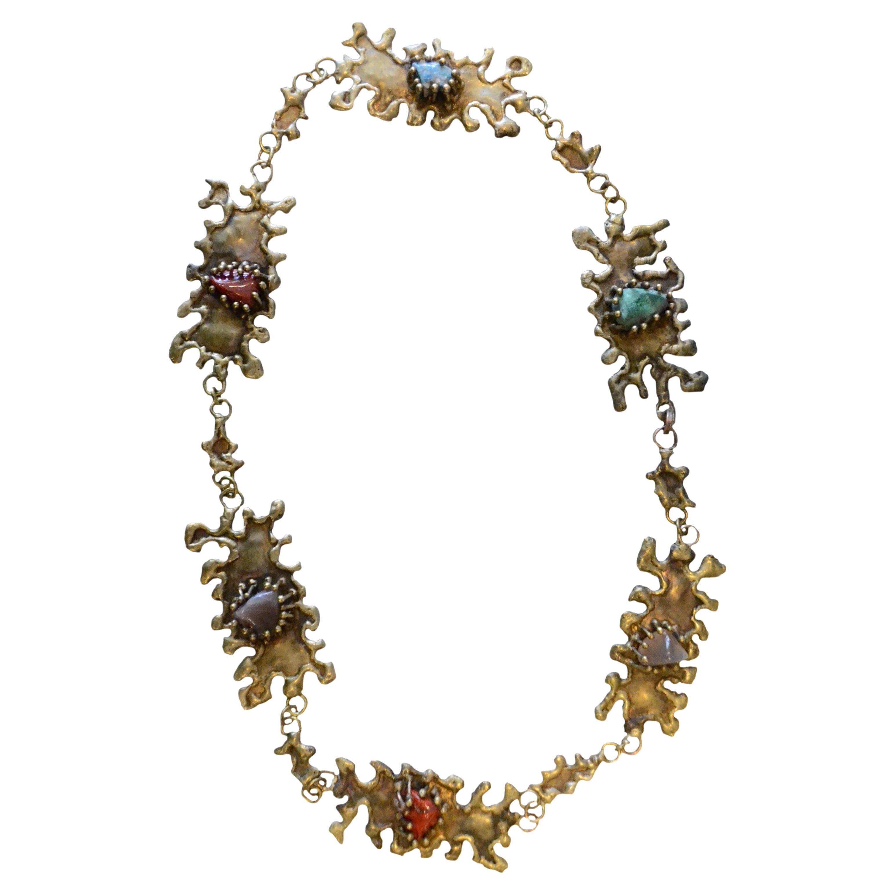 Pal Kepenyes Brutalist Bronze Necklace with Semiprecious Stones