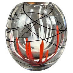 Vicke Lindstrand for Kosta Boda 1950's Clear, White, Black and Red Vase
