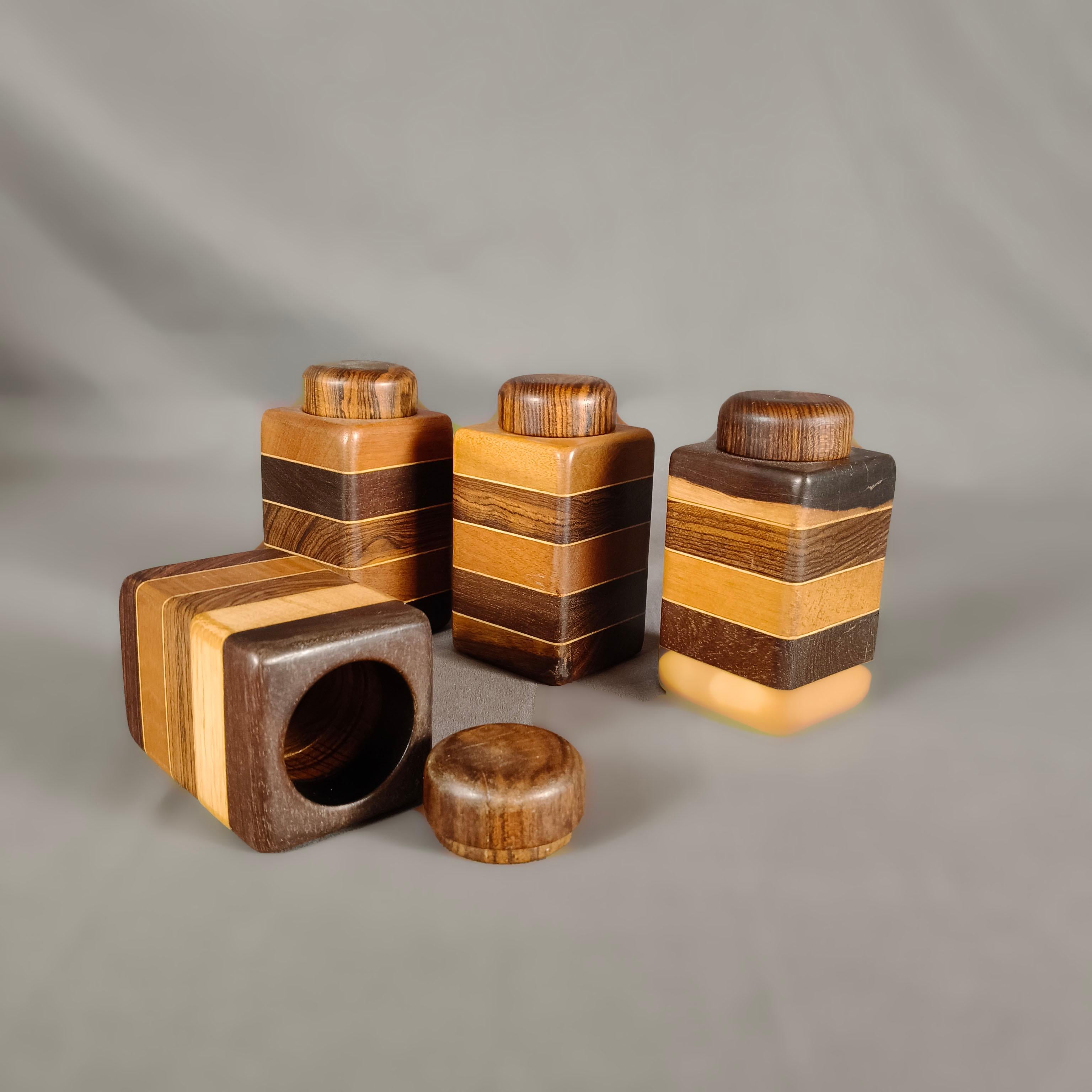 Mid-Century Modern 1970's Mexican Don S. Shoemaker Set of 4 Mixed Woods Spice Boxes / Tea Caddies For Sale