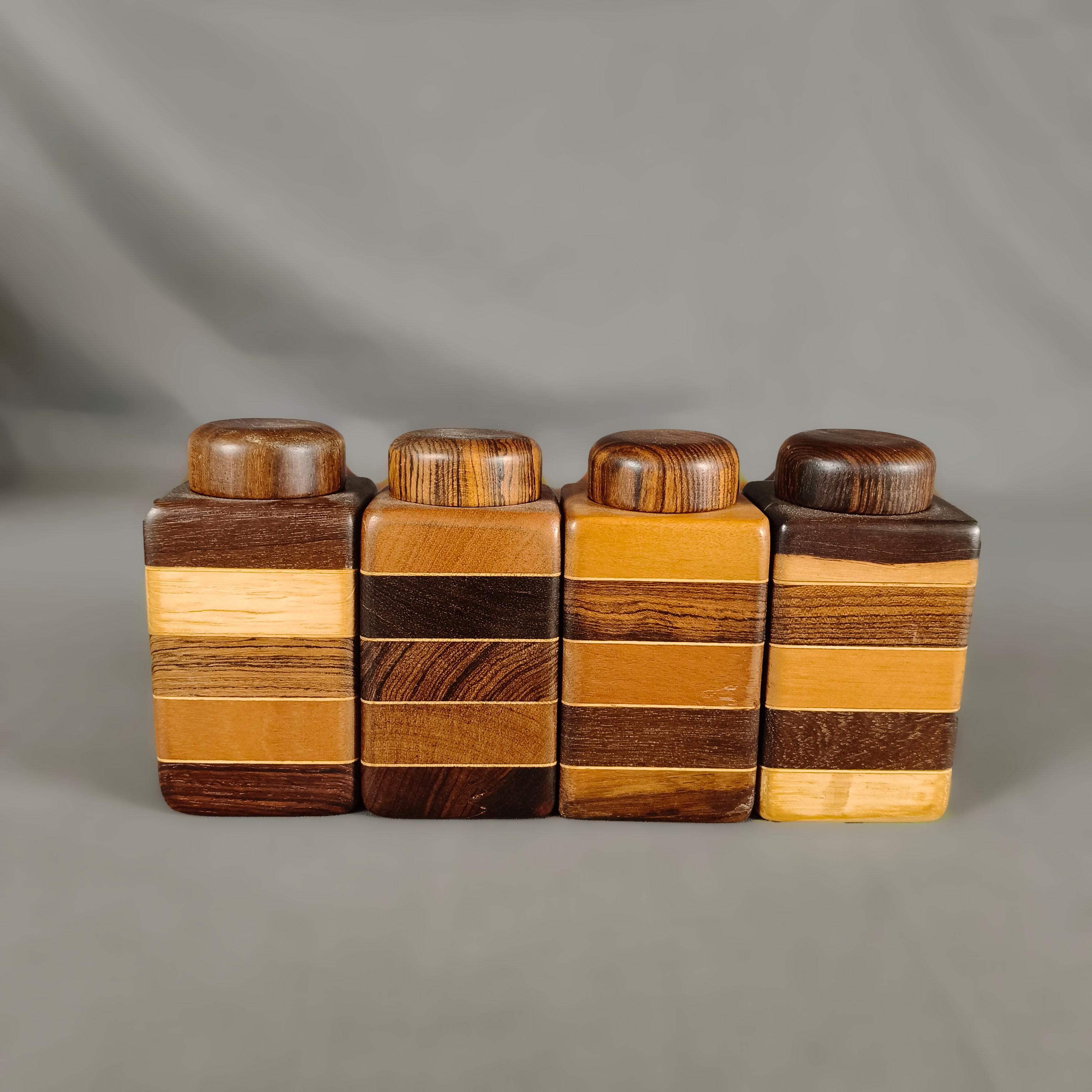 Late 20th Century 1970's Mexican Don S. Shoemaker Set of 4 Mixed Woods Spice Boxes / Tea Caddies For Sale