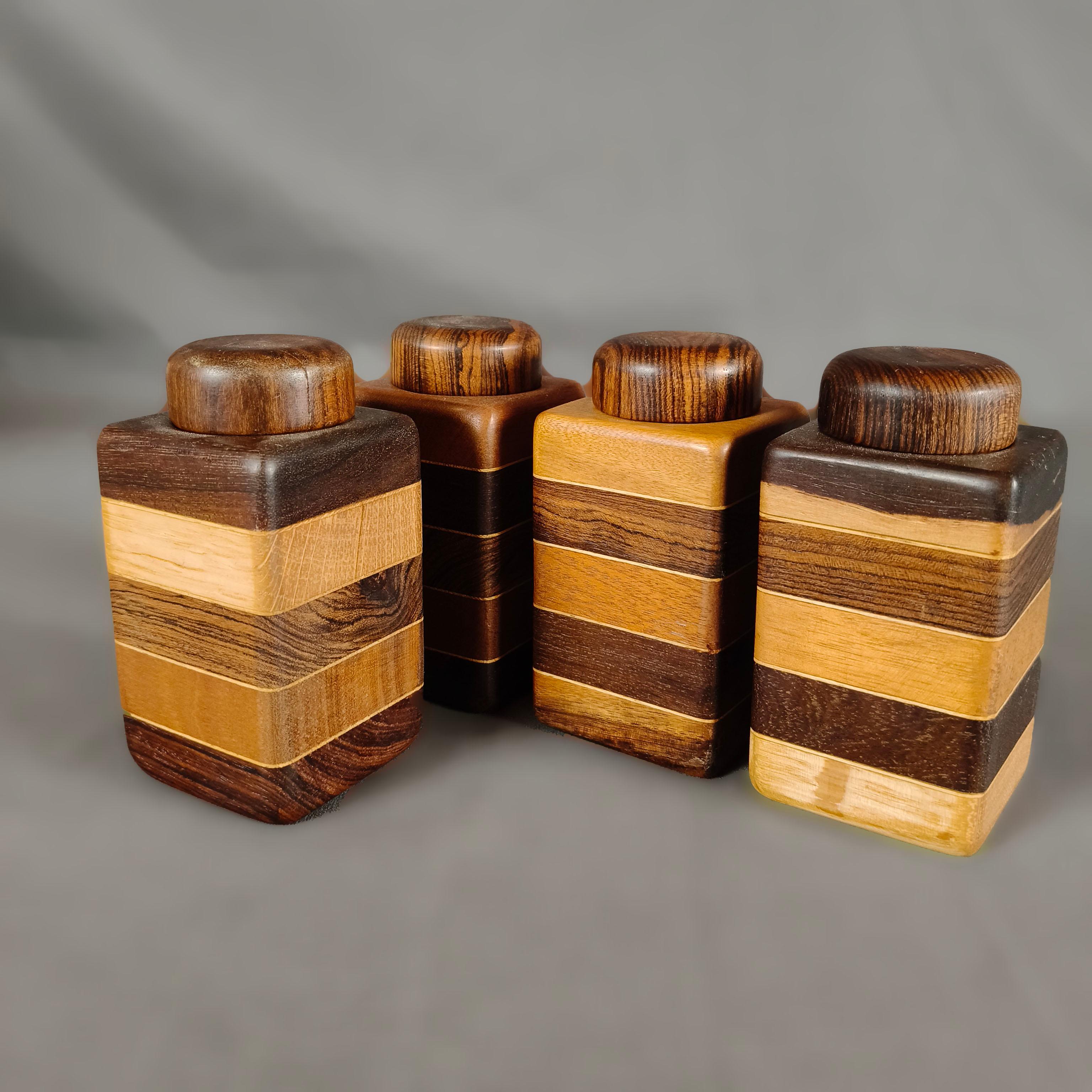 1970's Mexican Don S. Shoemaker Set of 4 Mixed Woods Spice Boxes / Tea Caddies In Good Condition For Sale In Mexico City, MX