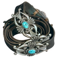 Harrison Bitsue Navajo-Ledergürtel mit Sterling-Silber-Schnallen mit Türkisen