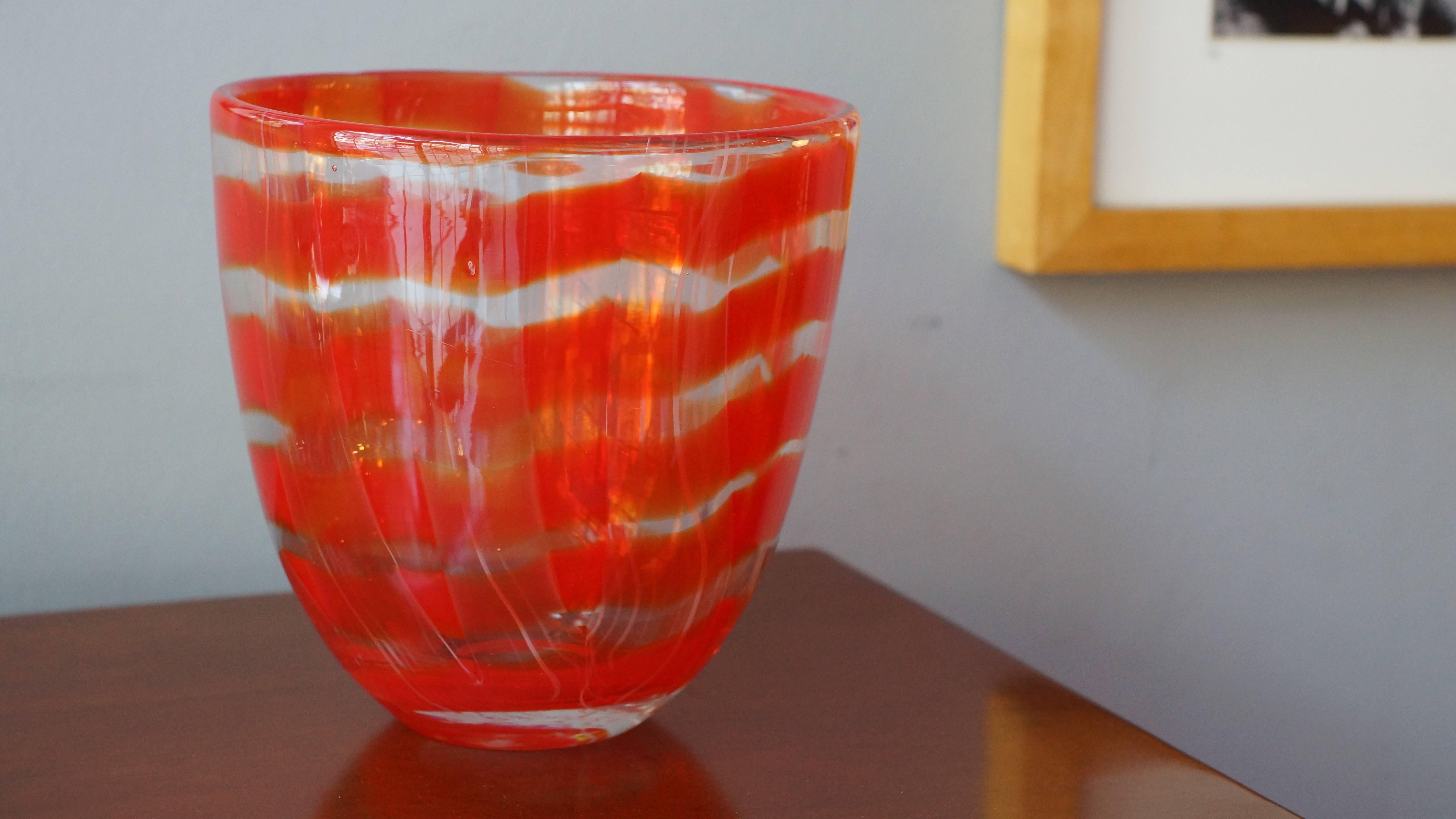 A large ca. 1965 Murano glass vase with red swirl design.