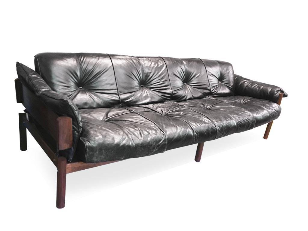 Mid-Century Modern Percival Lafer Sofa Black Leather Rosewood Chrome