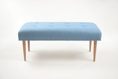 Modern Button Tufted Bench Upholstered in Heathered Blue with Oak Spindle Legs