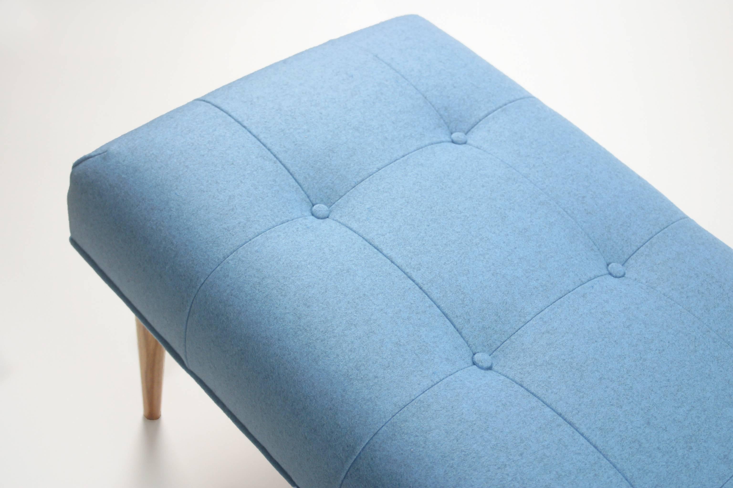 Mid-Century Modern Modern Button Tufted Bench Upholstered in Heathered Blue with Oak Spindle Legs For Sale