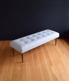Modern Button Tufted Bench Upholstered in Pale Grey with Walnut Spindle Legs