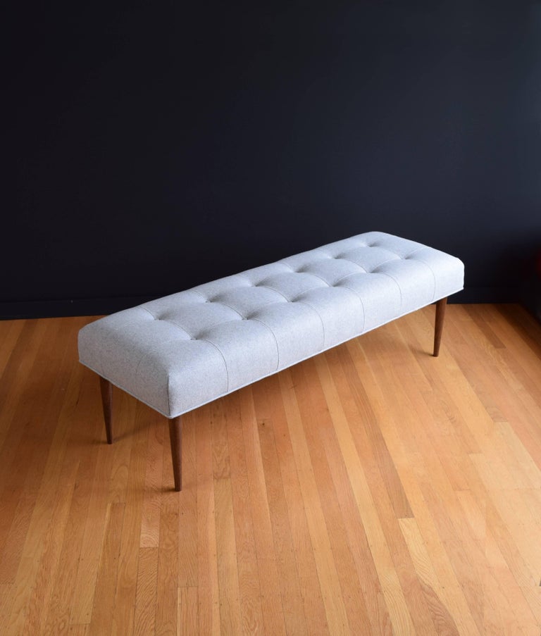 Modern Button Tufted Bench Upholstered in Pale Grey with Walnut Spindle