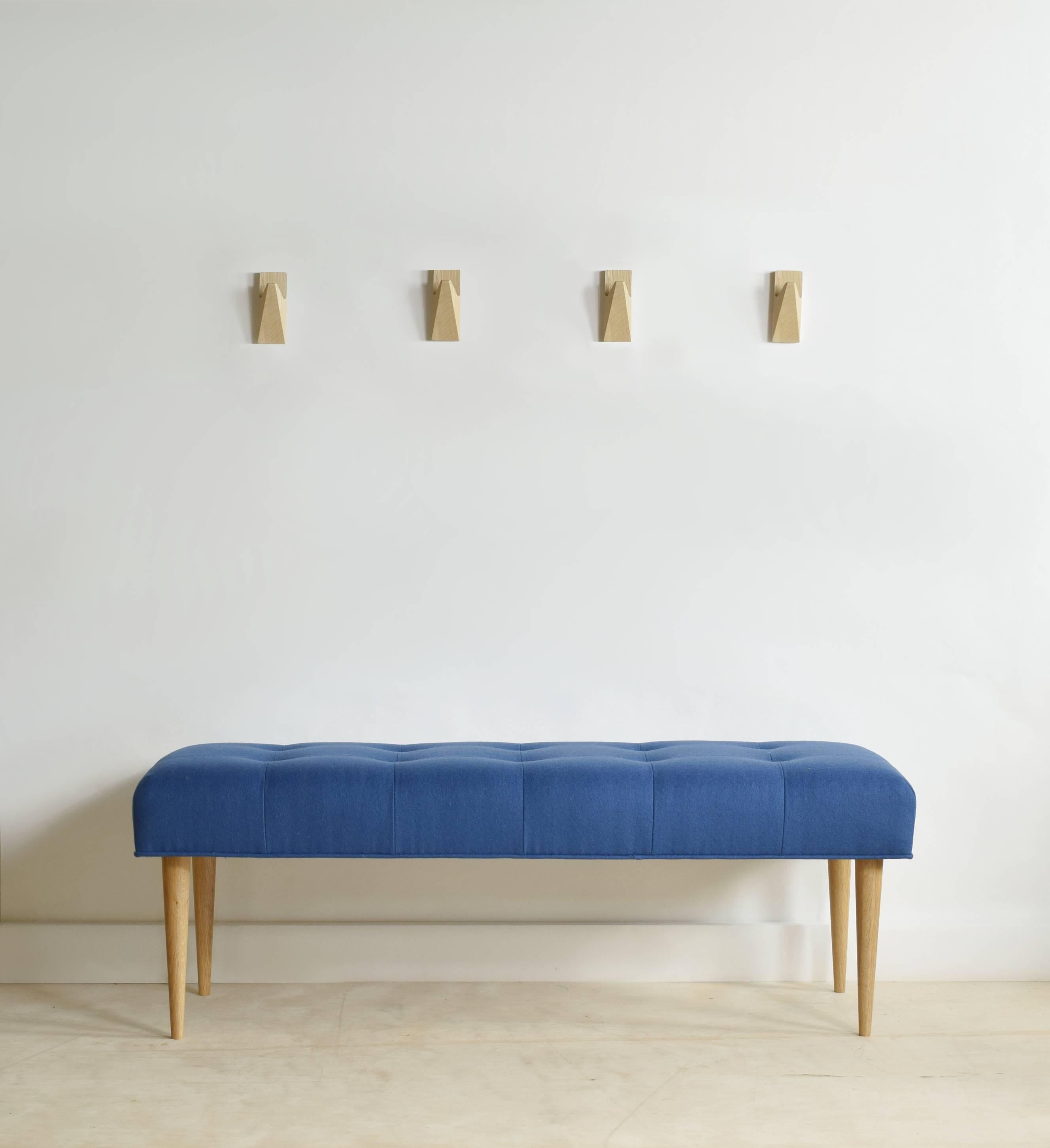 American Modern Button Tufted Bench Upholstered in Baltic Blue with Oak Spindle Legs For Sale