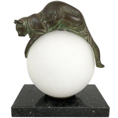 Table Lamp, Equilibre, Cat on Glass Ball by Gaillard, Original Max Le Verrier