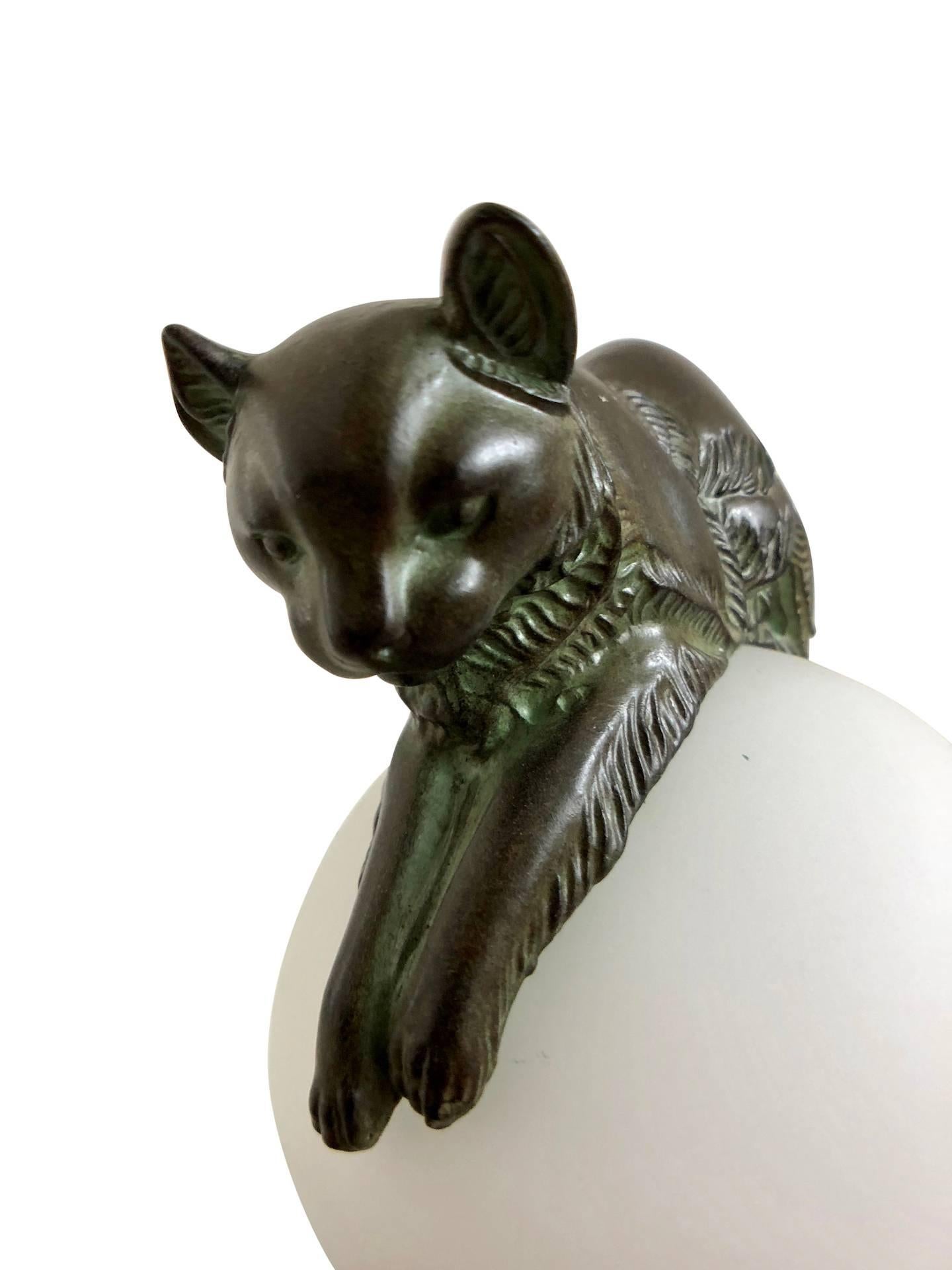 Art Deco Table Lamp, Equilibre, Cat on Glass Ball by Gaillard, Original Max Le Verrier
