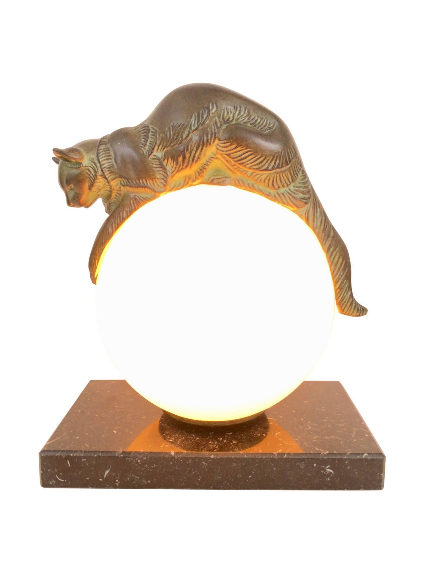 Marble Table Lamp, Equilibre, Cat on Glass Ball by Gaillard, Original Max Le Verrier