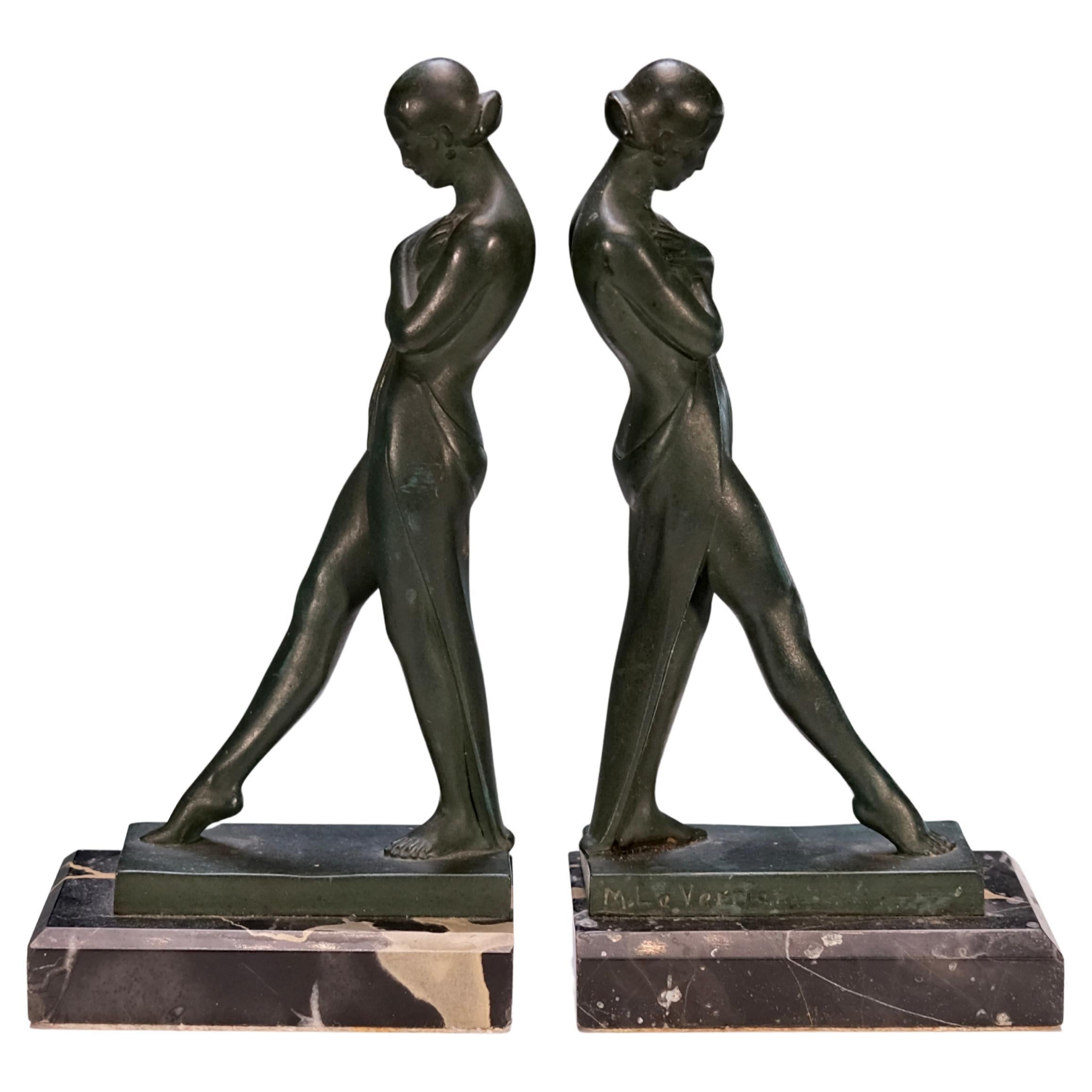 Vintage French Art Deco Lady Bookends Meditation by Fayral for Max Le Verrier