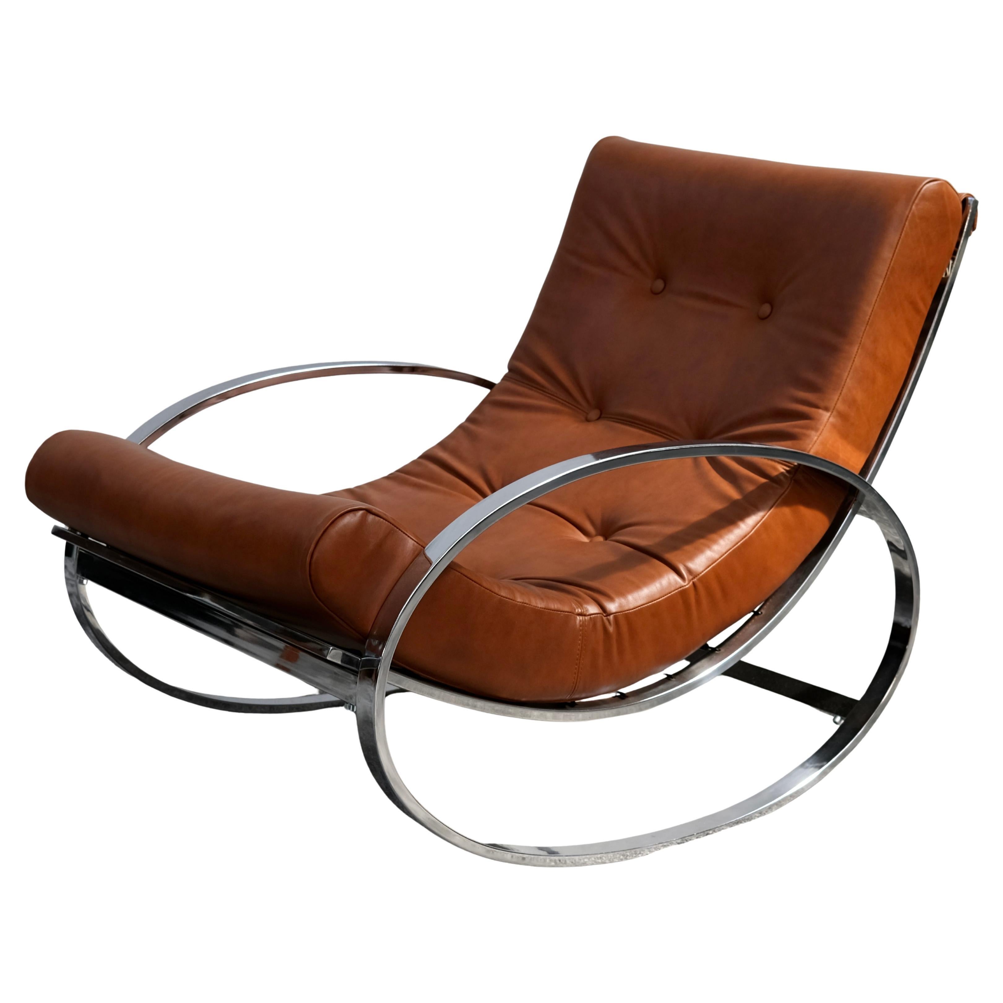Silla mecedora ovalada de Renato Zevi para Selig en cromo y cuero, Italia Años 70