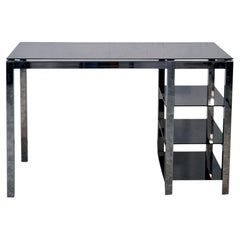 Mid-Century Desk in Chrome with Black Tabletop and Shelves, Italy, 1970s