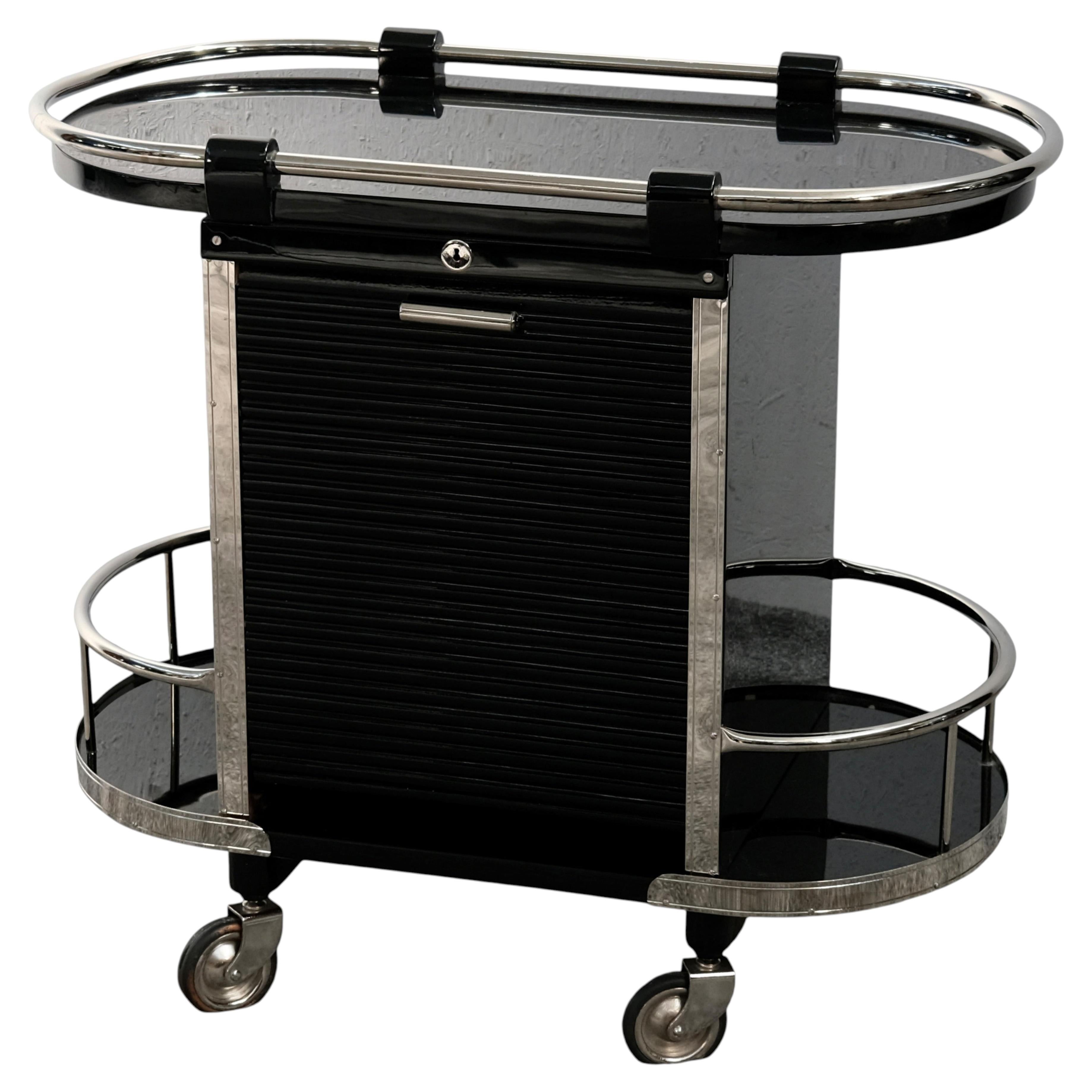 Chariot Art déco français en laque noire avec porte à tambour, années 1930 en vente