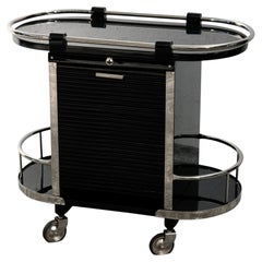 French Art Deco Cart in Black Lacquer with Tambour Door, 1930s