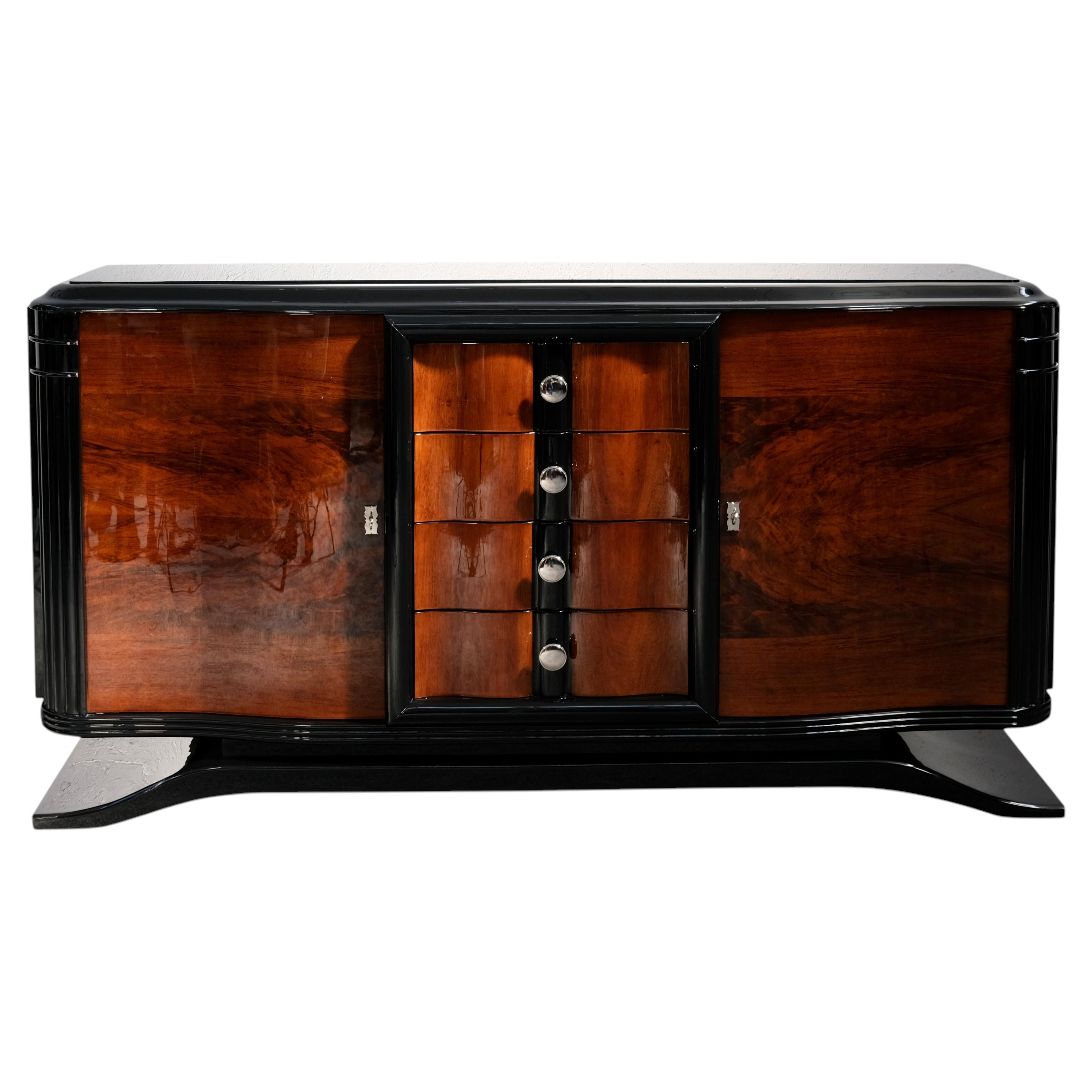 Art Deco Sideboard in Walnut and Black, France, 1930s For Sale