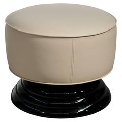 Round Art Deco Pouf in Leather with Black Base, France 1990s