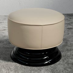 Round Art Deco Pouf in Leather with Black Base, France 1990s