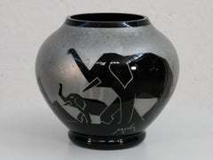 Black Art Deco Glass Vase with Elephants and Pyramids from ARTVER, Belgium 1930s