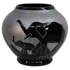 Black Art Deco Glass Vase with Elephants and Pyramids from ARTVER, Belgium 1930s
