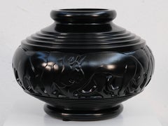 Black Art Deco Glass Vase with Lions by Pierre D'Avesn, France, 1930s