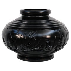 Black Art Deco Glass Vase with Lions by Pierre D'Avesn, France, 1930s