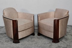 Companion Pair of French Art Deco Club Chairs in Gold and Brown, 1930s