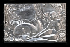 Large French Art Deco Sideboard in Black Lacquer with Silvered Reliefs, 1930s
