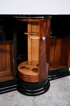 Art Deco Walnut and Black Lacquer Bar Cabinet with Revolving Door, 1930s