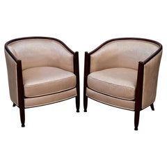 Pair of Art Deco Style Club Chairs in Mahogany with Fluted Legs, 1970s