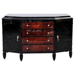 French Art Deco Sideboard in Walnut and Black Lacquer, 1930s