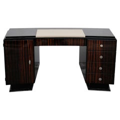 French Art Deco Curved Executive Desk in Macassar and Black Lacquer, 1930s