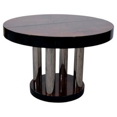French Art Deco Extendable Walnut Burl and Chrome Dining Table, 1930s