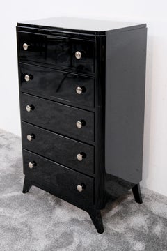 Grande commode Art déco française en laque noire et chrome, années 1930