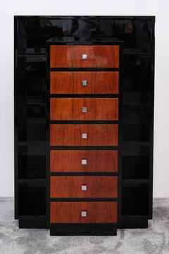 French Art Deco Walnut and Black Lacquer Bookcase Chest, 1930s
