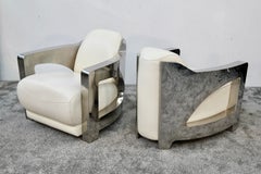 Pair of Art Deco Style Aluminum and Leather Aviator Club Chairs, 1990s